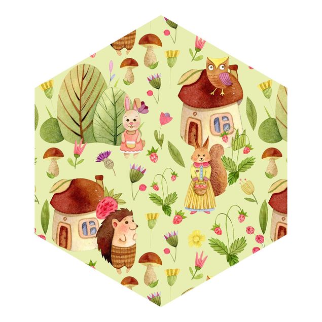 Hexagon Behang Watercolour Hedgehog With Owl Illustration On Green