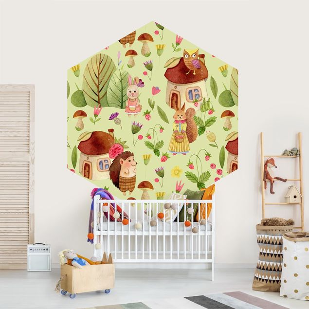 Hexagon Behang Watercolour Hedgehog With Owl Illustration On Green