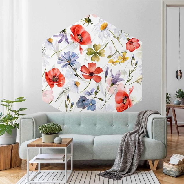 Hexagon Behang Watercolour Poppy With Cloverleaf