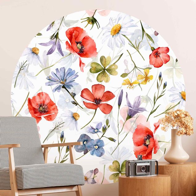 Behangcirkel Watercolour Poppy With Cloverleaf