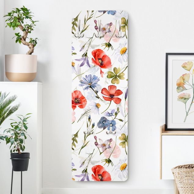 Wandkapstokken houten paneel - Watercolour Poppy With Cloverleaf