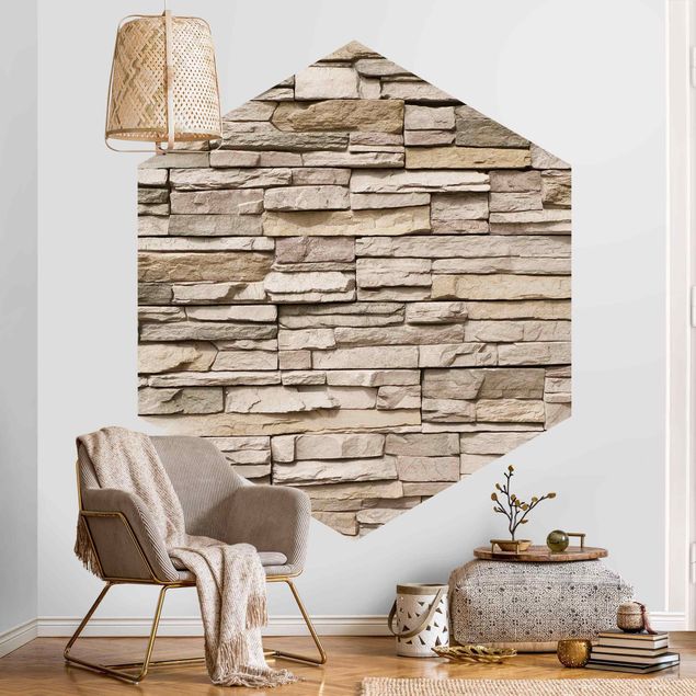 Hexagon Behang Asian Stonewall - Stone Wall From Large Light Coloured Stones