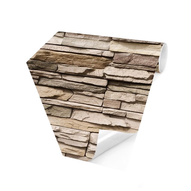 Hexagon Behang Asian Stonewall - Stone Wall From Large Light Coloured Stones