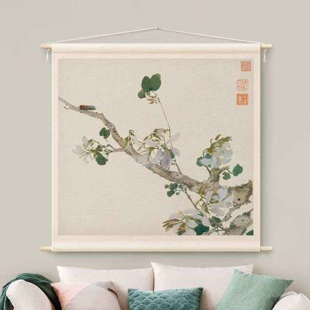 Wandkleed xxl Asian Drawing - Branch With Blossoms