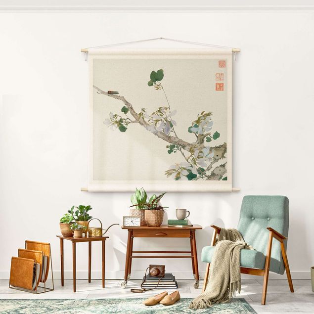 wandtapijt vintage Asian Drawing - Branch With Blossoms