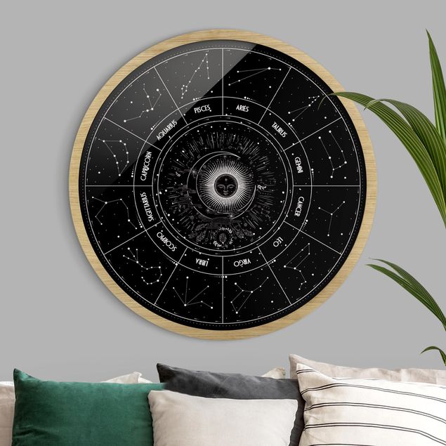 Rond schilderijen Astrologia I 12 segni zodiacali in nero