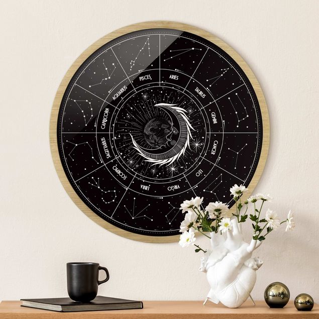 Runde gerahmte Bilder Astrology Moon And Zodiac Signs Black