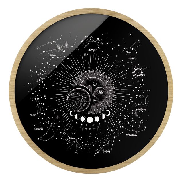 Rond schilderijen Astrologia Sole Luna e stelle in nero