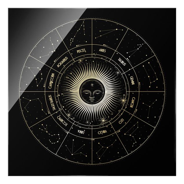 Glasschilderijen Astrology Zodiac Sign In A Sun Circle Black