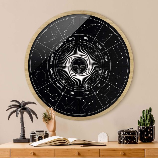 Rond schilderijen Astrologia segni zodiacali in cerchio solare in nero