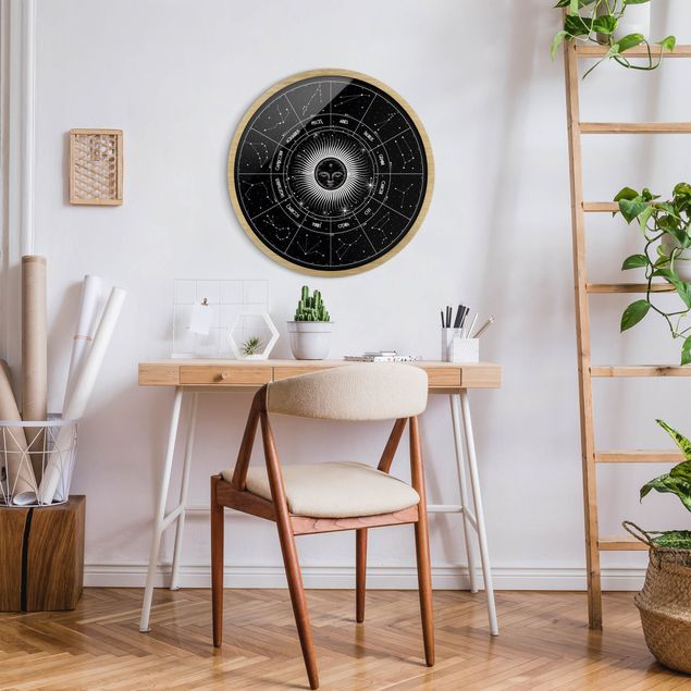 Rond schilderijen Astrologia segni zodiacali in cerchio solare in nero