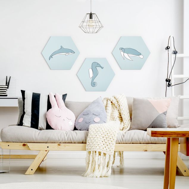 Hexagons Forex schilderijen - 3-delig Dolphin Turtle Seahorse Line Art