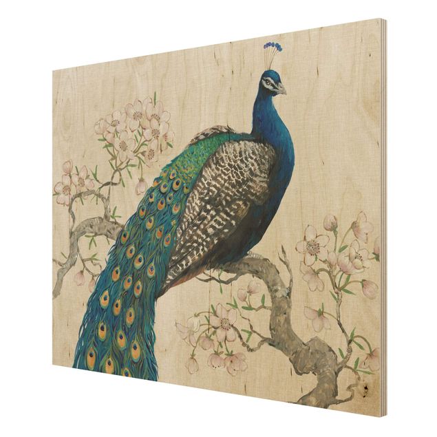 Houten schilderijen Vintage Peacock With Cherry Blossoms