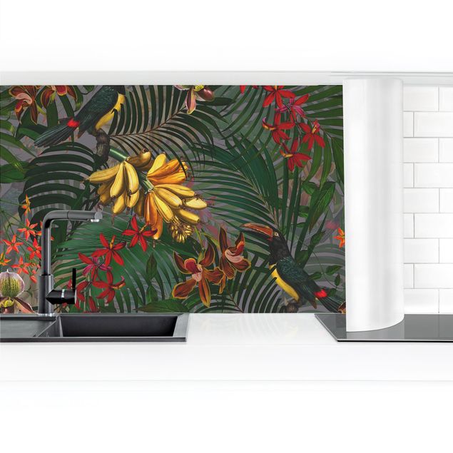 Achterwand voor keuken Tropical Ferns With Tucan Green