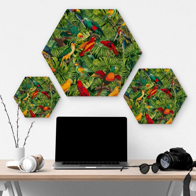 Hexagons houten schilderijen Colorful Collage - Parrot In The Jungle