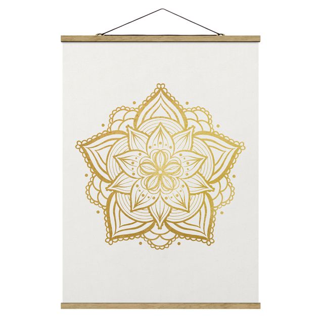 Stoffen schilderij met posterlijst Mandala Flower Illustration White Gold