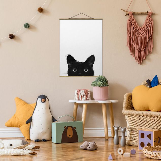 Stoffen schilderij met posterlijst Illustration Black Cat On White Painting