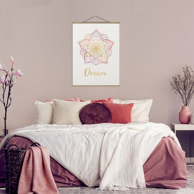 Stoffen schilderij met posterlijst Mandala Illustration Dream Gold Rose