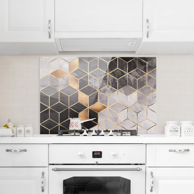Spatscherm keuken Black And White Golden Geometry