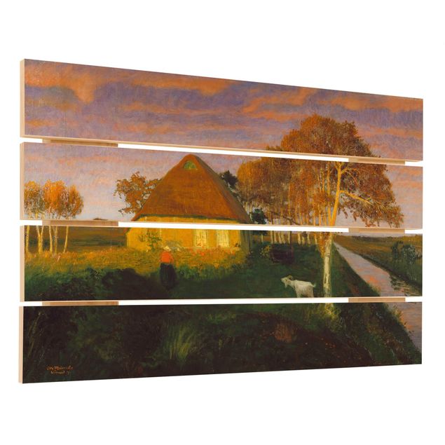 Houten schilderijen op plank Otto Modersohn - Moor Cottage in the Evening Sun