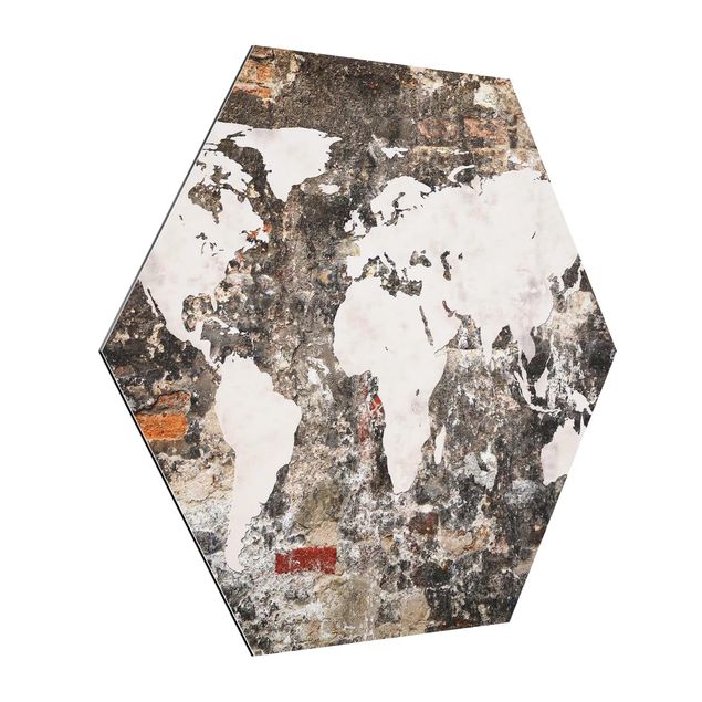 Hexagons Aluminium Dibond schilderijen Old Wall World Map