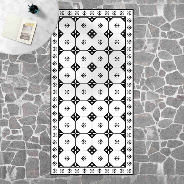 Loper tapijt Geometrical Tiles Cottage Black And White With Border