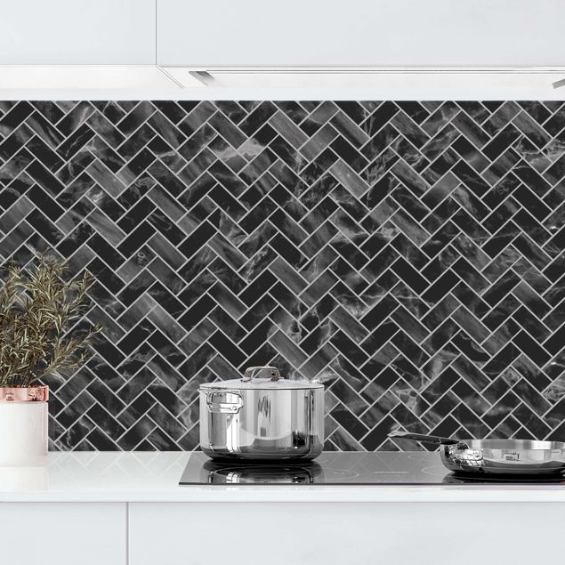 Achterwand voor keuken tegelmotief Marble Fish Bone Tiles - Black