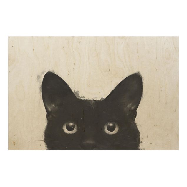 Houten schilderijen Illustration Black Cat On White Painting