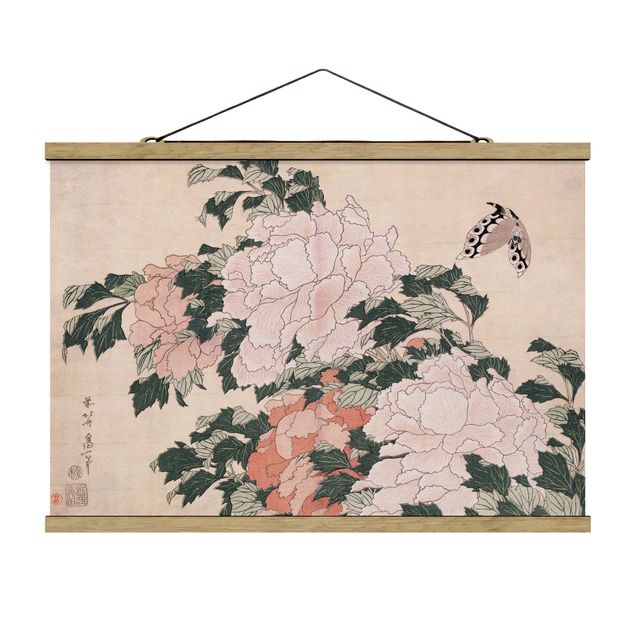 Stoffen schilderij met posterlijst Katsushika Hokusai - Pink Peonies With Butterfly
