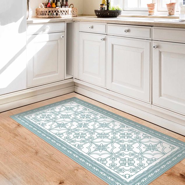 buiten vloerkleed Floral Tile Pattern Mint Green Colour With Border