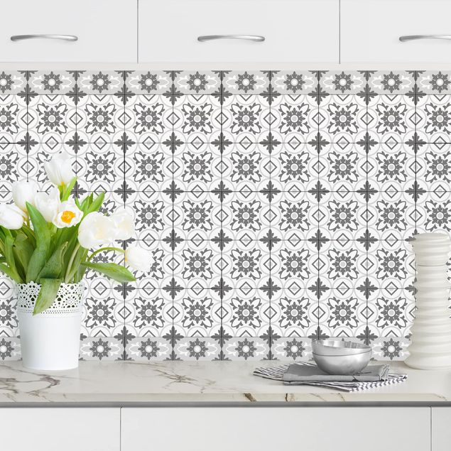 Achterwand voor keuken patroon Geometrical Tile Mix Flower Grey