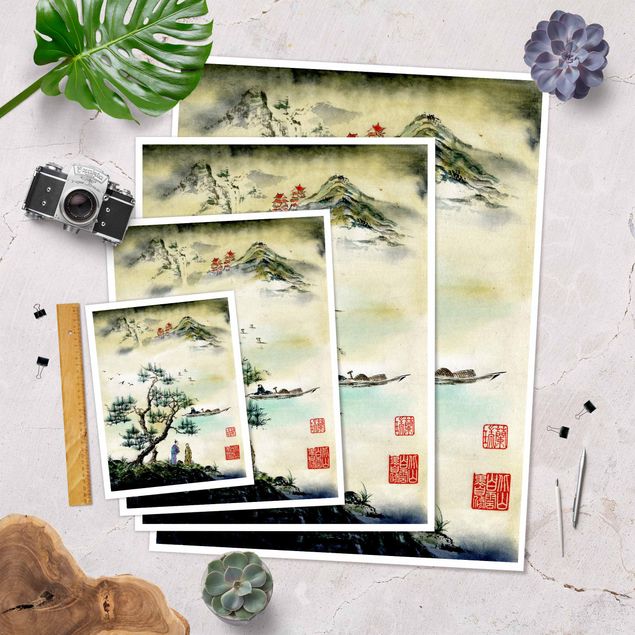 Posters Japanese Watercolour Drawing Pine And Mountain Village