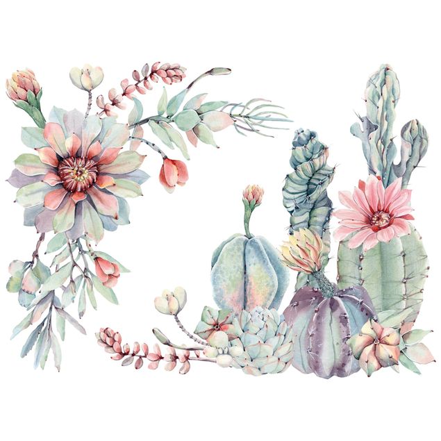Muurstickers Watercolour Cactus Flower Ornament XXL