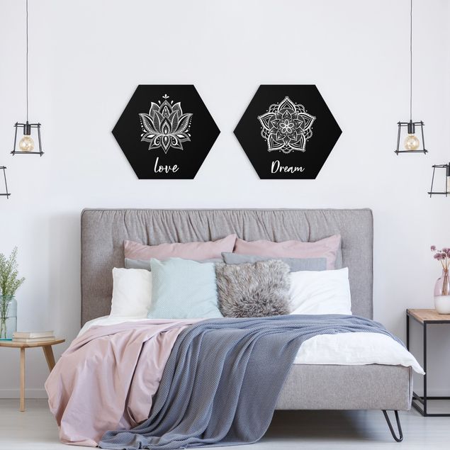 Hexagons Forex schilderijen - 2-delig Mandala Dream Love Set Black