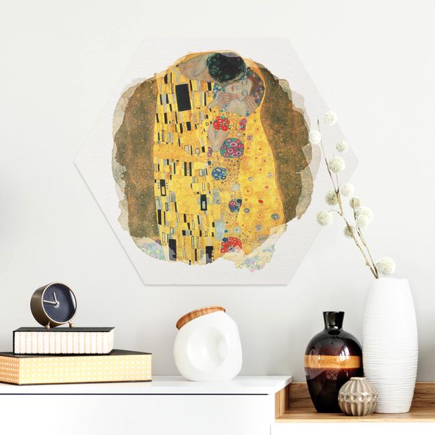 Hexagons Aluminium Dibond schilderijen WaterColours - Gustav Klimt - The Kiss