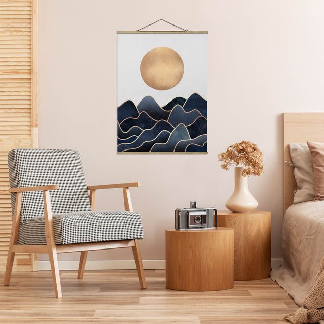 Stoffen schilderij met posterlijst Golden Sun Blue Waves