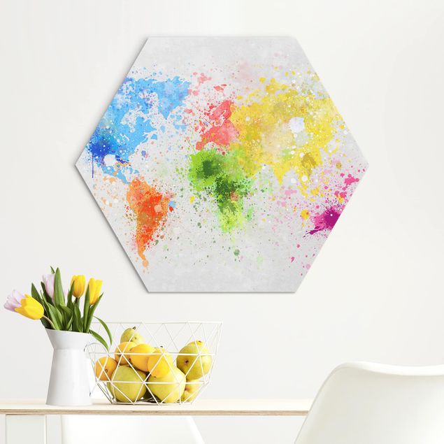 Hexagons Aluminium Dibond schilderijen Colourful Splodges World Map