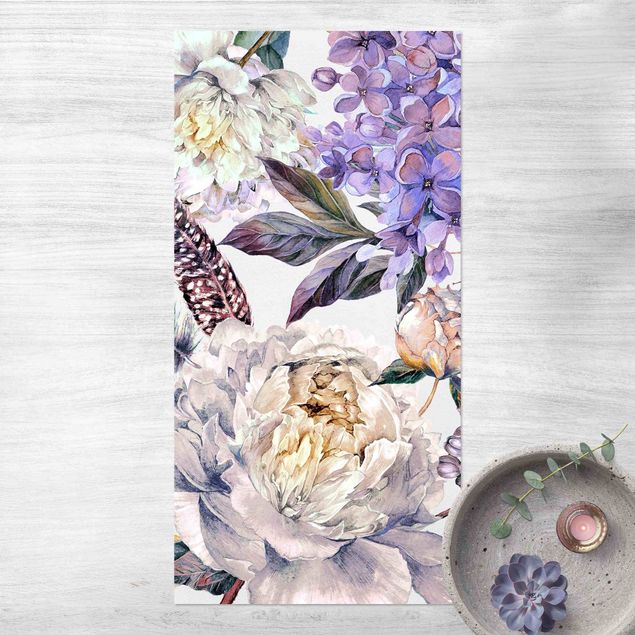 Balkonkleden Delicate Watercolour Boho Flowers And Feathers Pattern