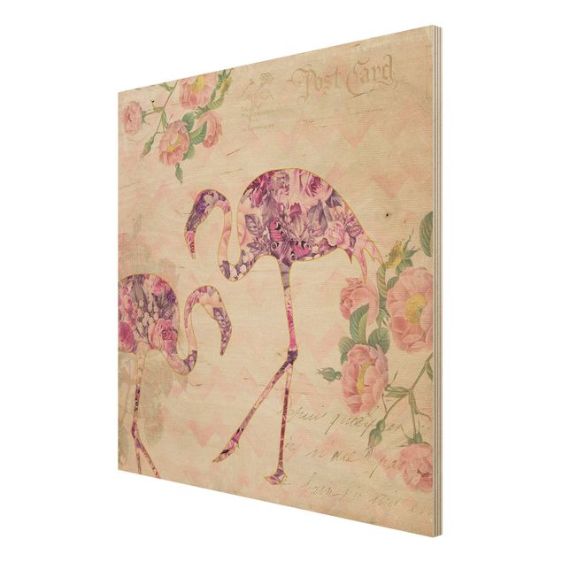 Houten schilderijen Vintage Collage - Pink Flowers Flamingos