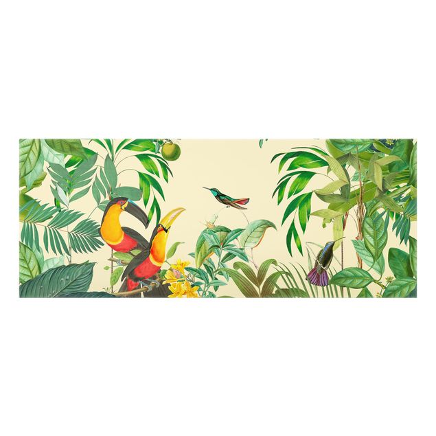 Spatscherm keuken Vintage Collage - Vögel im Dschungel