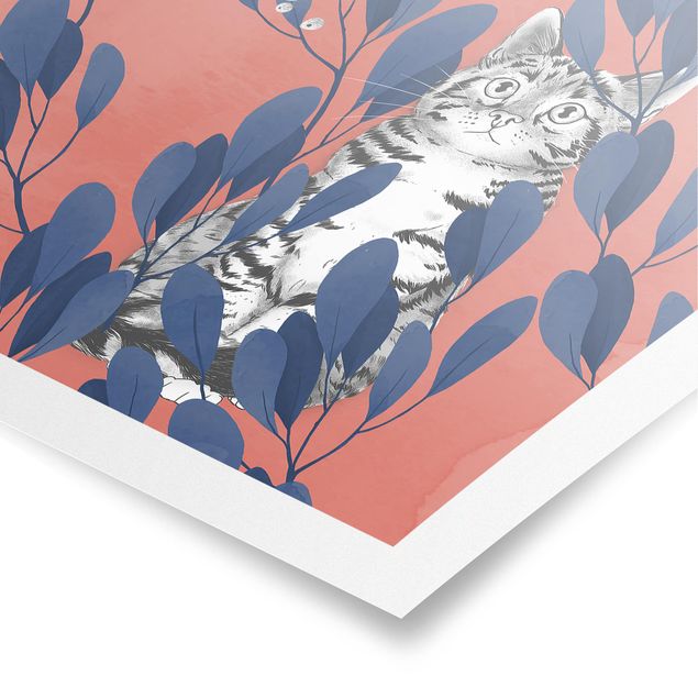 Posters Illustration Cat And Bird On Branch Blue Red