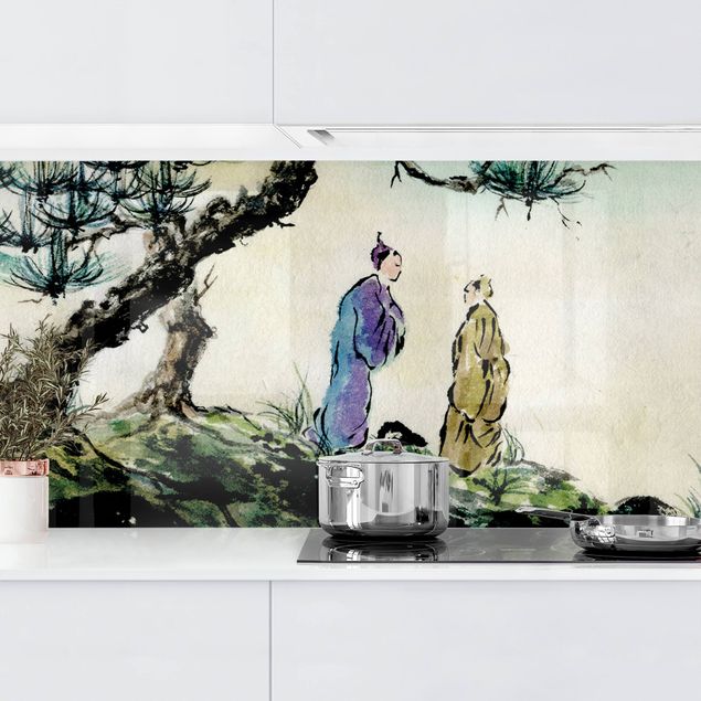 Achterwand voor keuken landschap Japanese Watercolour Drawing Pine And Mountain Village
