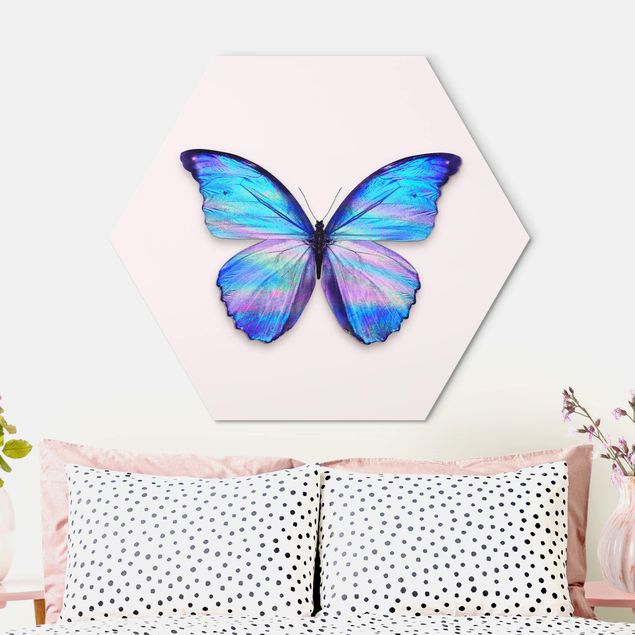 Hexagons Aluminium Dibond schilderijen Holographic Butterfly