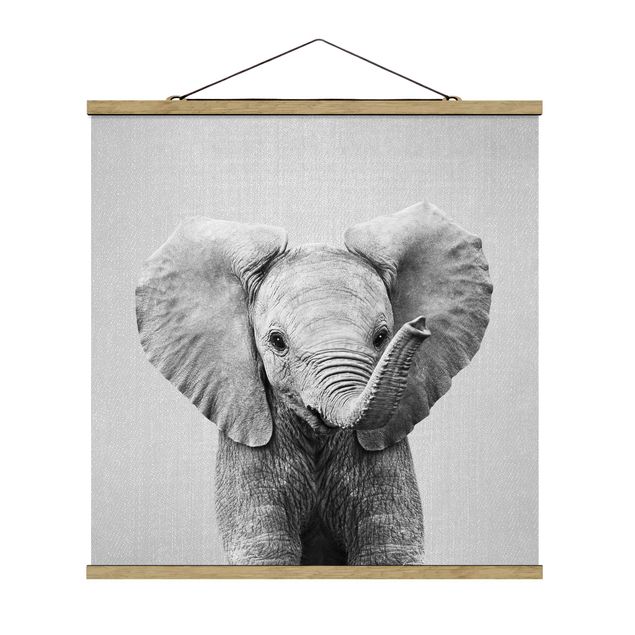 Stoffen schilderij met posterlijst - Baby Elephant Elsa Black And White