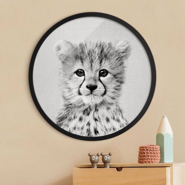 Rond schilderijen Baby Cheetah Gino Black And White