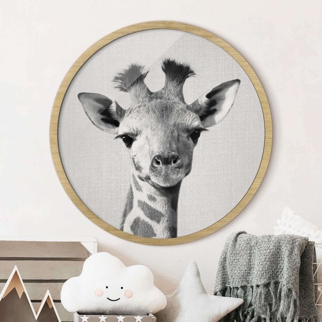 Runde Bilder mit Rahmen Baby Giraffe Gandalf Black And White