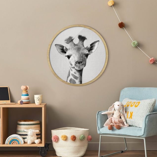 Rond schilderijen Baby Giraffe Gandalf Black And White