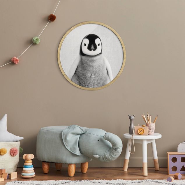 Rond schilderijen Baby Penguin Pepe Black And White
