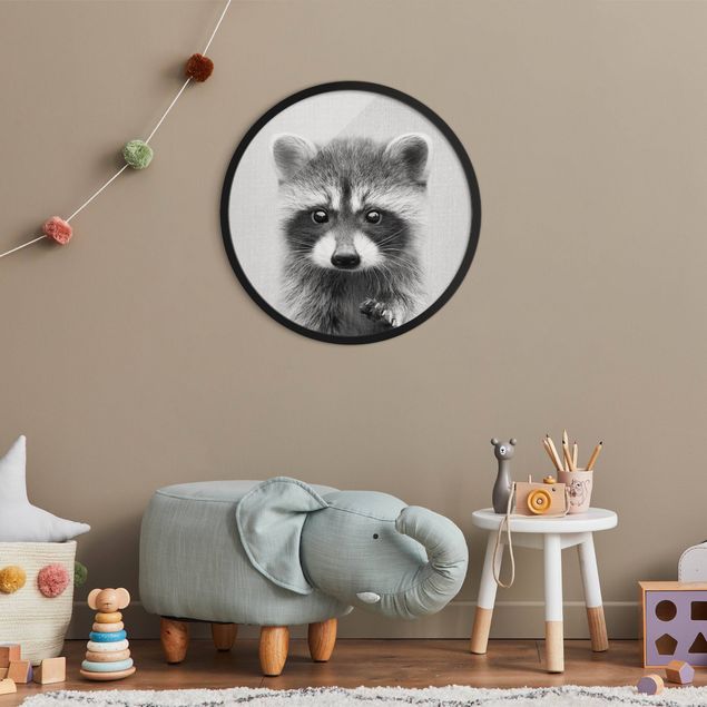 Rond schilderijen Baby Raccoon Wicky Black And White