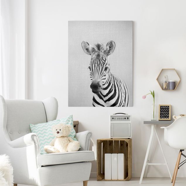 Leinwandbild - Baby Zebra Zoey Schwarz Weiß - Hochformat 3:4